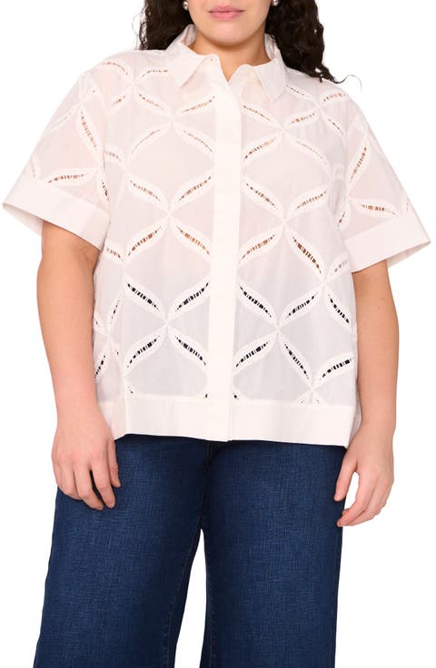 Ladder Stitch Accent Cotton Button-Up Shirt (Plus)