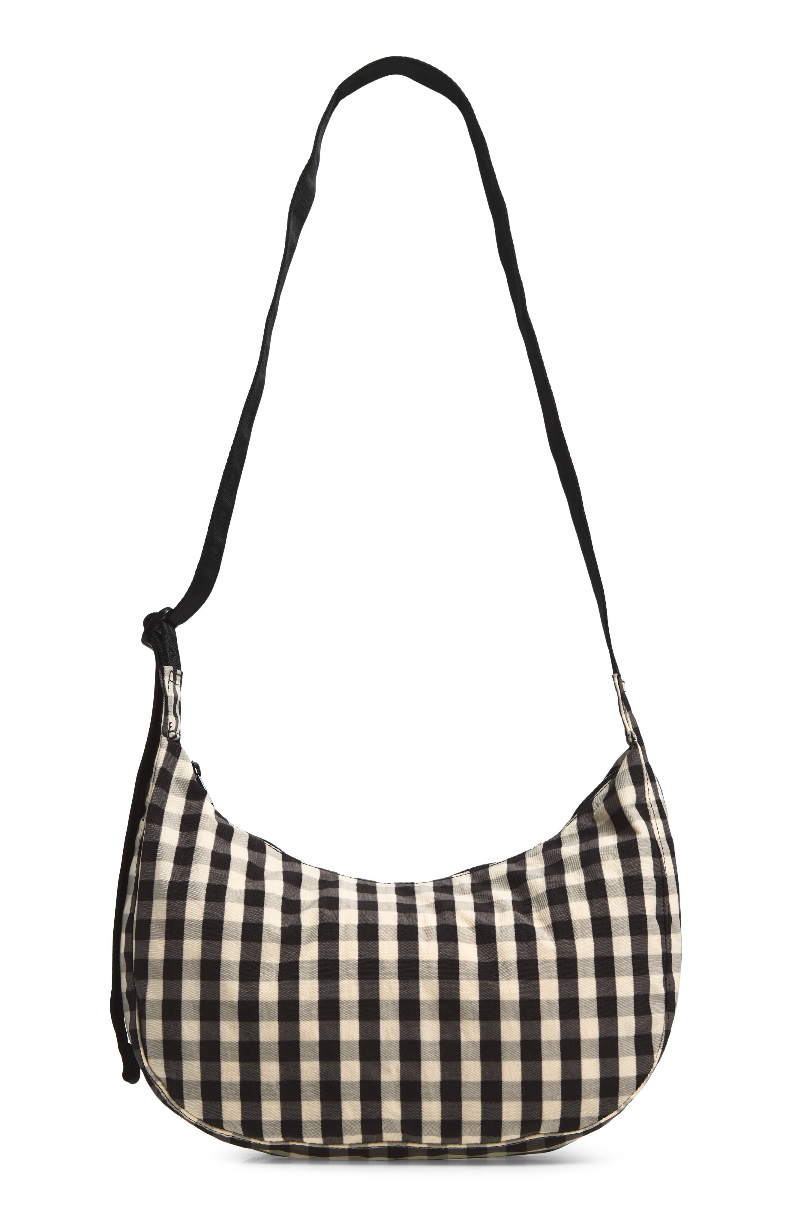 Medium Crescent Recycled Nylon Crossbody Bag, Main, color, BLACK AND CREAM GINGHAM