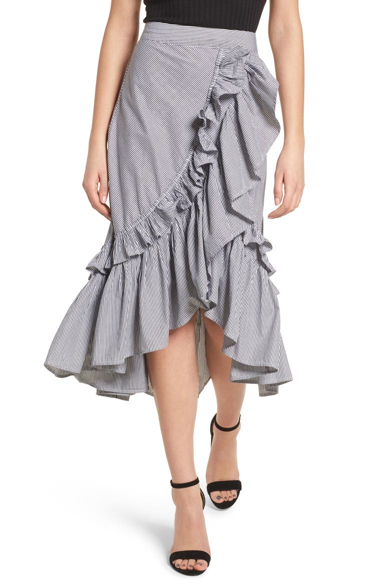 Flounce Ruffle Trim Skirt, Main, color, BLACK JENNY STRIPE