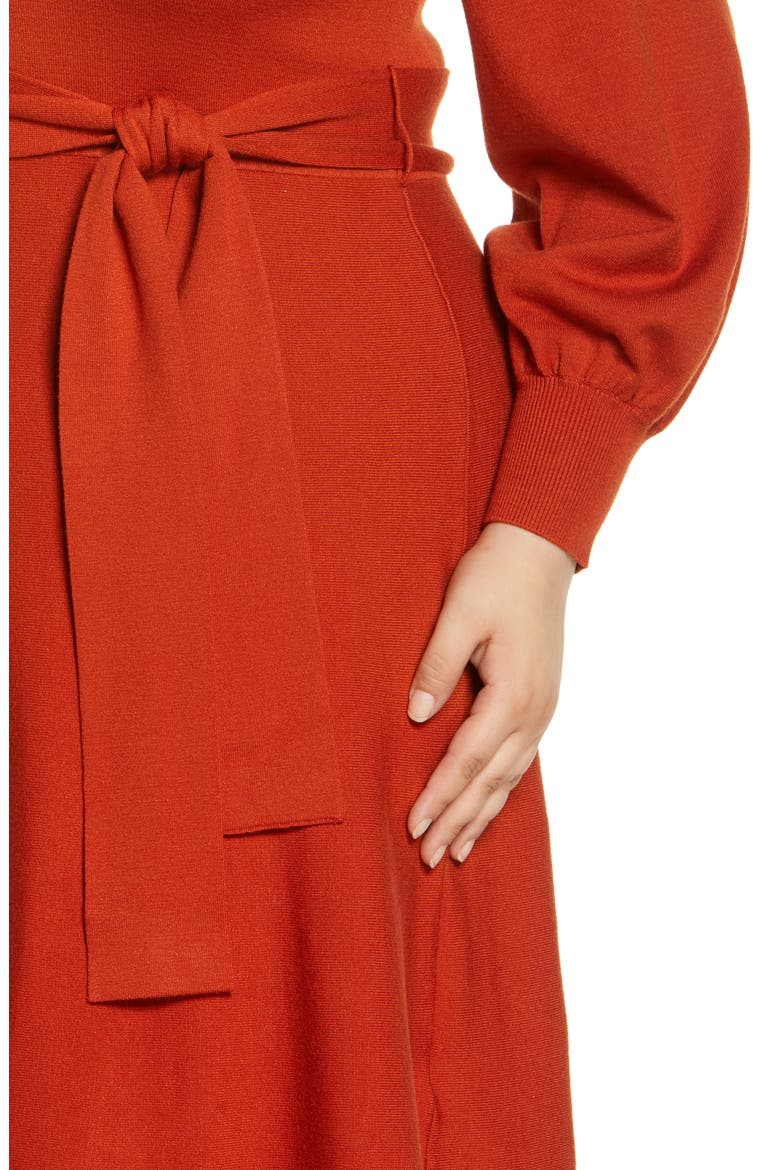 Tie Waist Split Neck Long Sleeve Sweater Dress, Alternate, color, SPICE