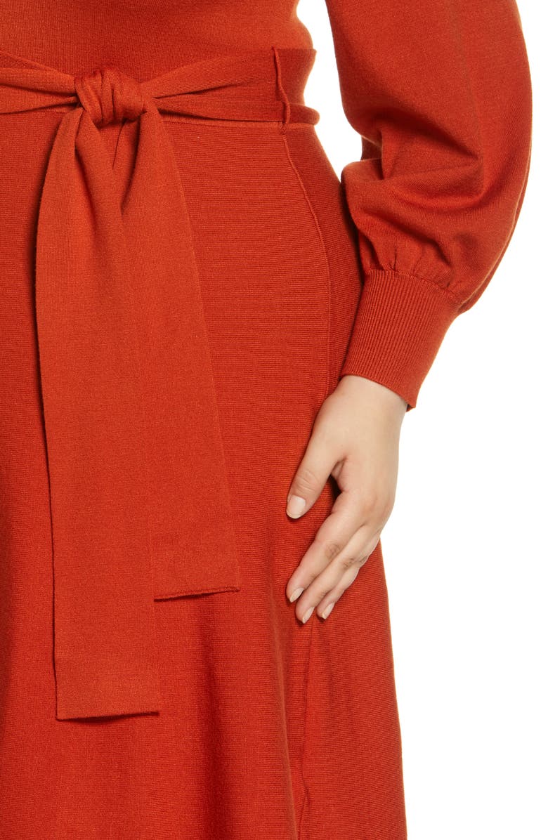 Eliza J Tie Waist Split Neck Long Sleeve Sweater Dress, Alternate, color, 