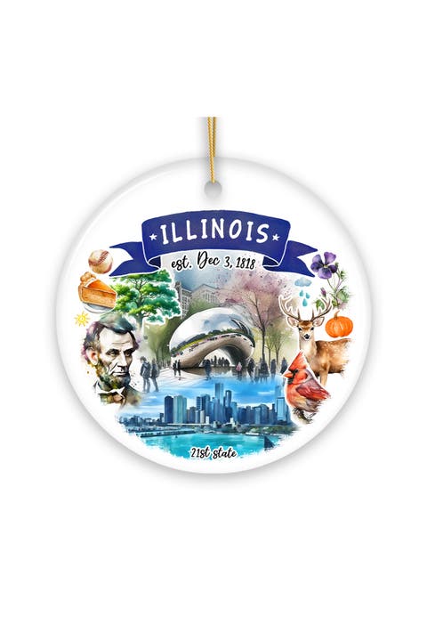 Illinois Watercolor Landmarks Ceramic Round Ornament