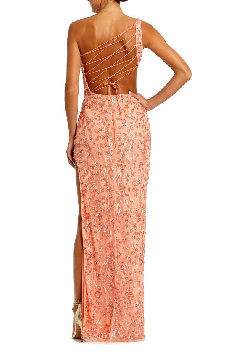 Mac Duggal Hand-Embellished One-Shoulder Gown with Waist Cut-Out and Lace-Up Back, Alternate, color, Peach