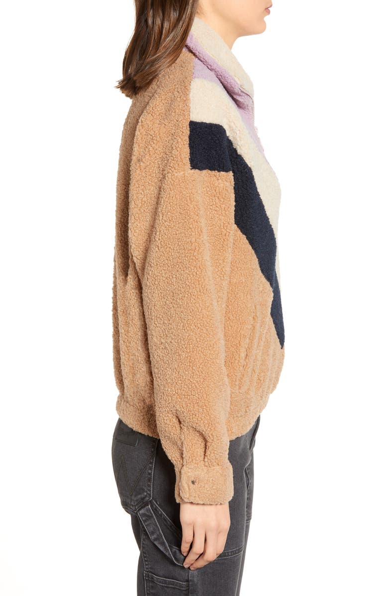 J.O.A. Colorblock Faux Shearling Quarter Zip Jacket, Alternate, color, 