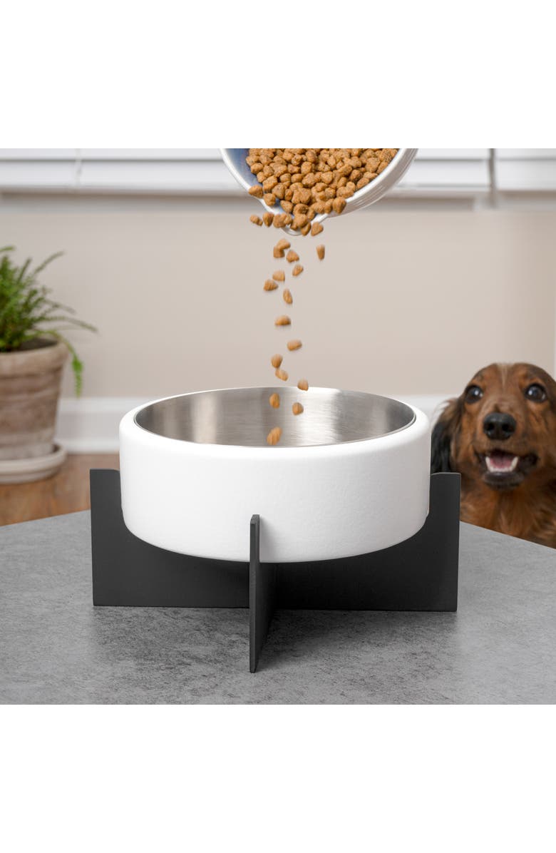 The Licker Store Intersecta Small/Medium Concrete and Stainless Steel Bowl 16oz (2 Cups) with Metal Stand Pet Feeder, Alternate, color, White/Black
