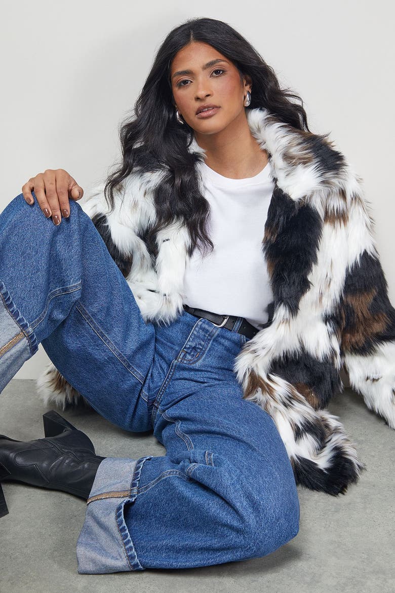 Premium Funnel Neck Mono Faux Fur Coat, Alternate, color, Mono