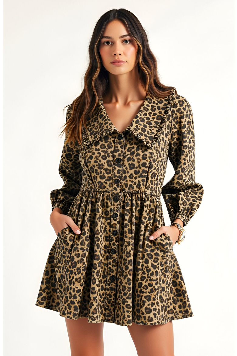 Leopard Print Long Sleeve Mini Dress with Oversized Collar, Alternate, color, Leopard Print