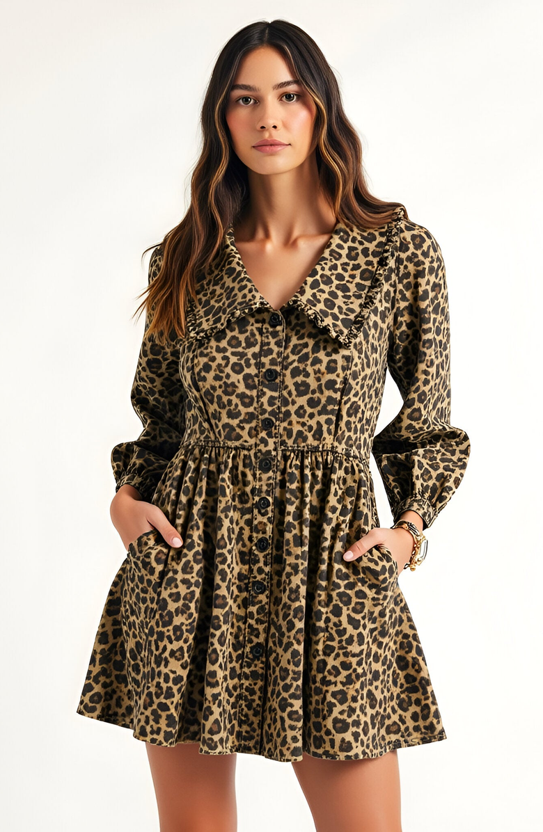 Modenaire Leopard Print Long Sleeve Mini Dress with Oversized Collar, Alternate, color, Leopard Print