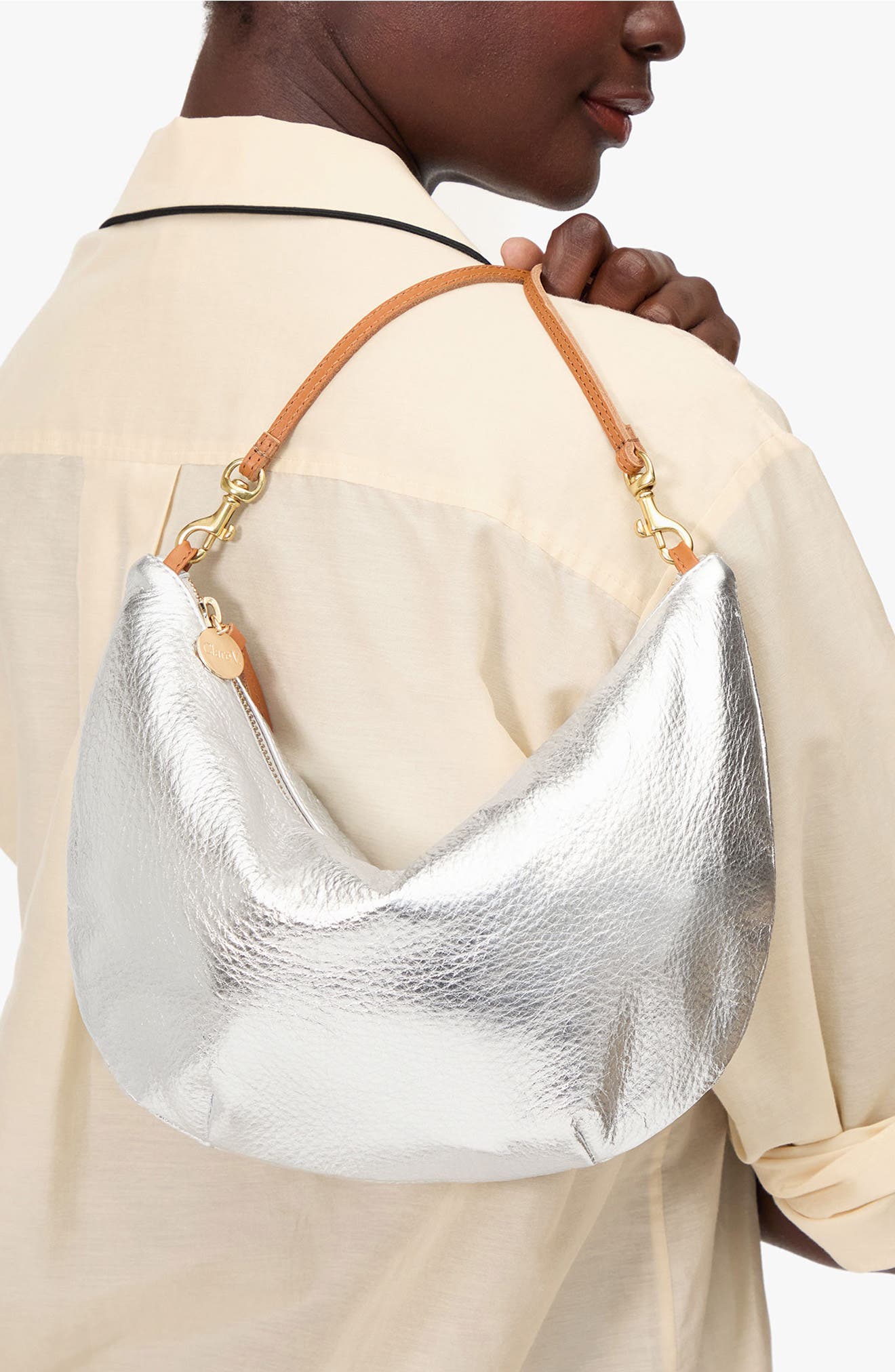 Clare V. Lune Metallic Leather Shoulder Bag, Alternate, color, Silver