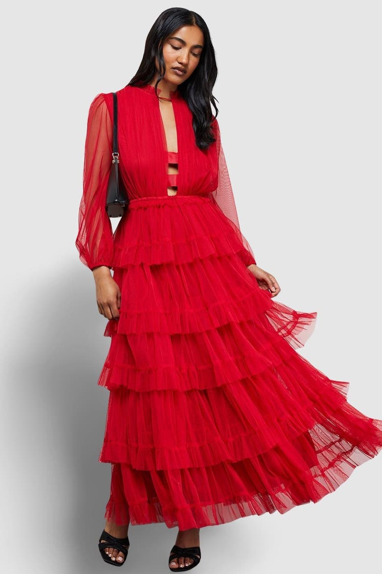 Ruffle Neck Tulle Maxi Dress, Main, color, Red