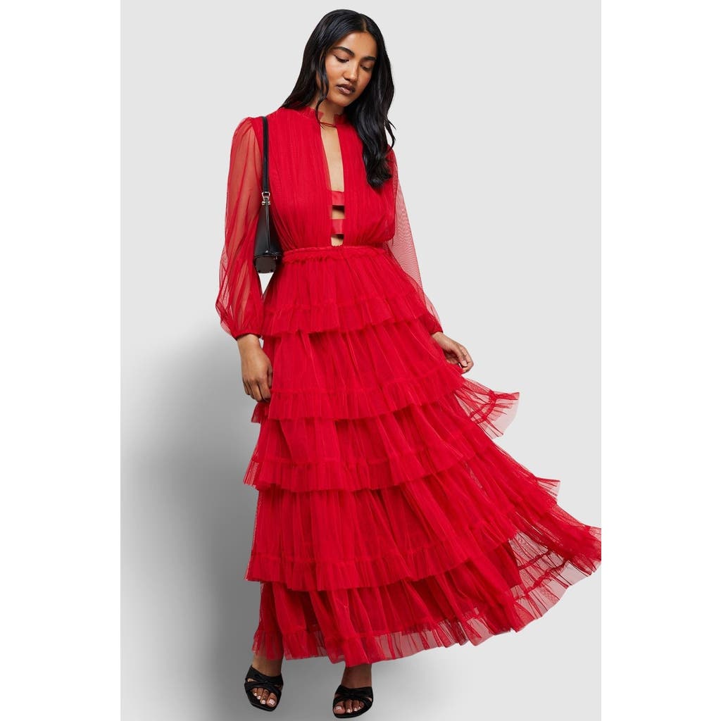 Warehouse Ruffle Neck Tulle Maxi Dress In Red