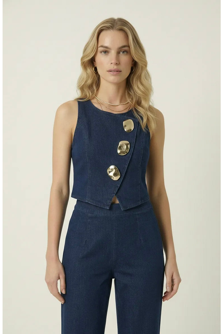 Denim Vest and Wide Leg Pants Set, Alternate, color, Navy