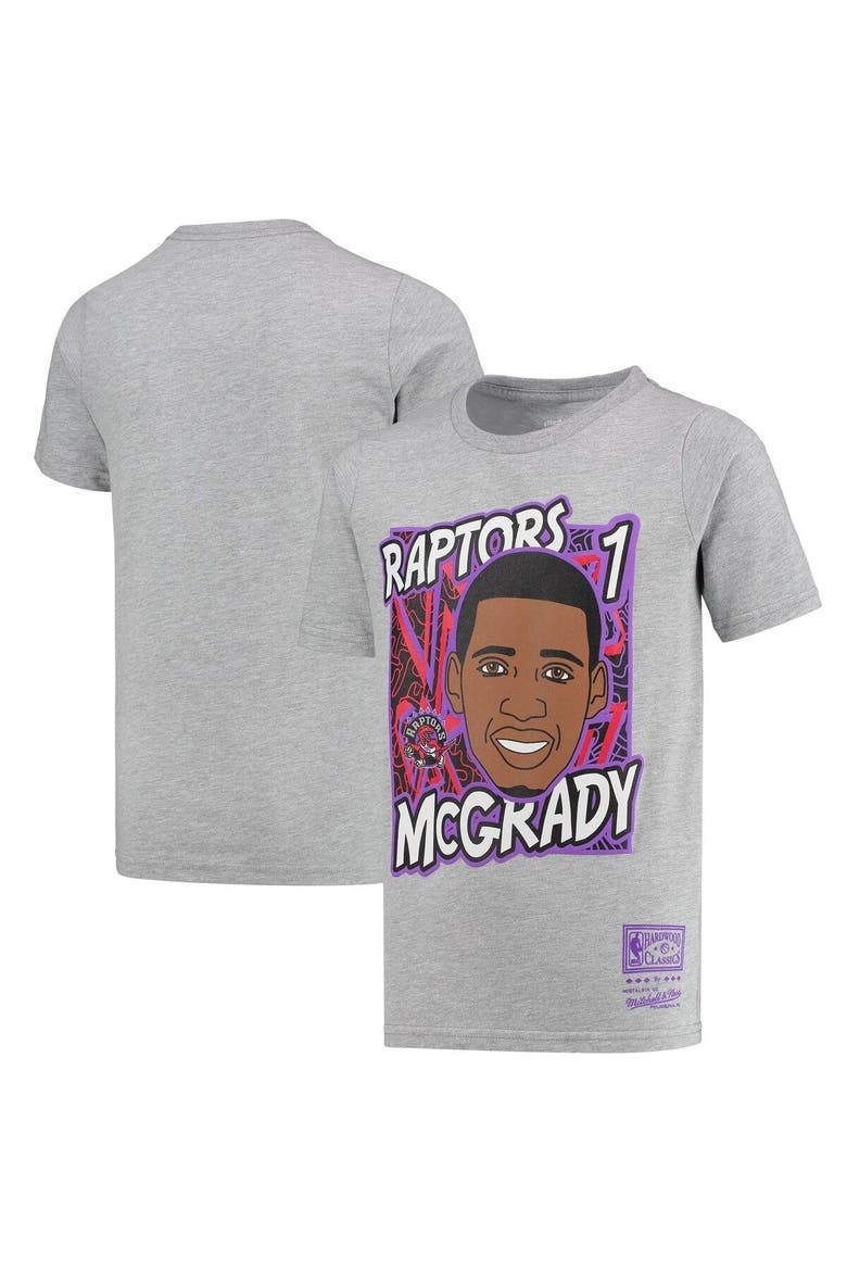Youth Mitchell & Ness Tracy McGrady Gray Toronto Raptors Hardwood Classics King of the Court Player T-Shirt, Main, color, Heather Gray