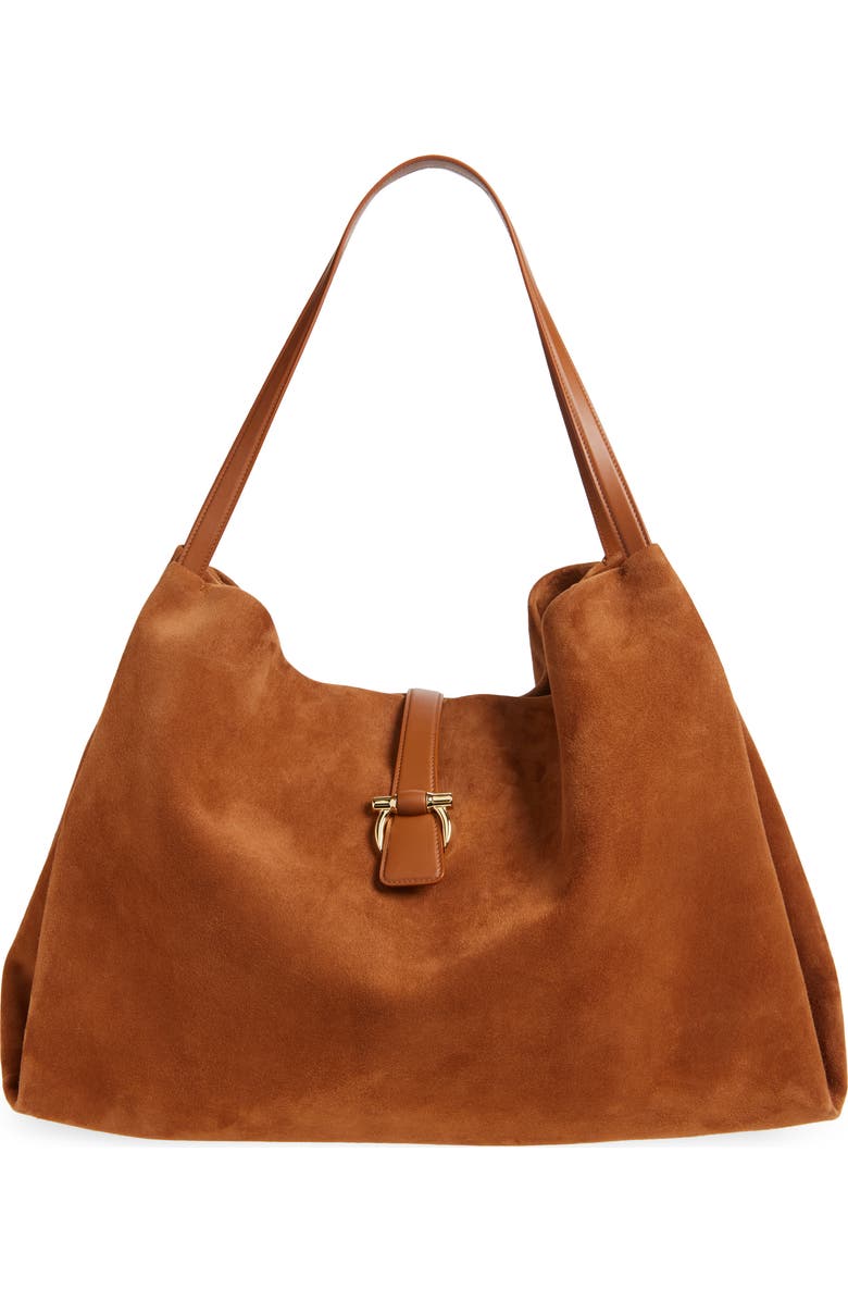 FERRAGAMO Large Lily Suede Tote, Main, color, Natural Resort