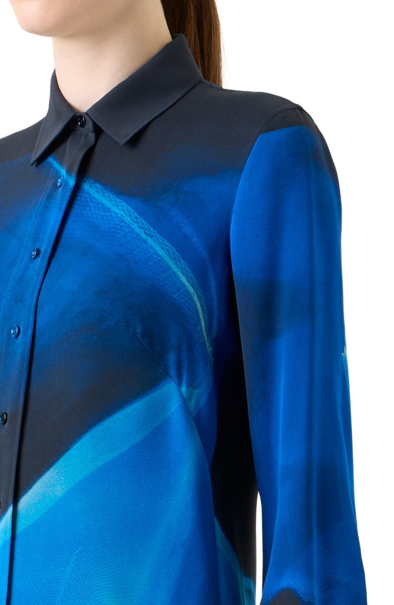 Akris Cyanotype Print Silk Crepe Button-Up Shirt, Alternate, color, Navy-Royal
