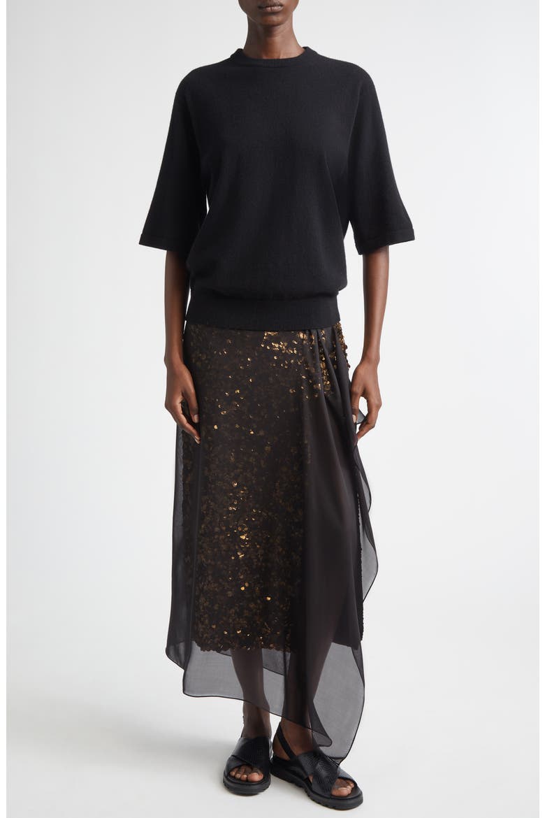 Sequin Embellished & Silk Georgette Veiled Wool Crepe Skirt, Alternate, color, BLACK 001