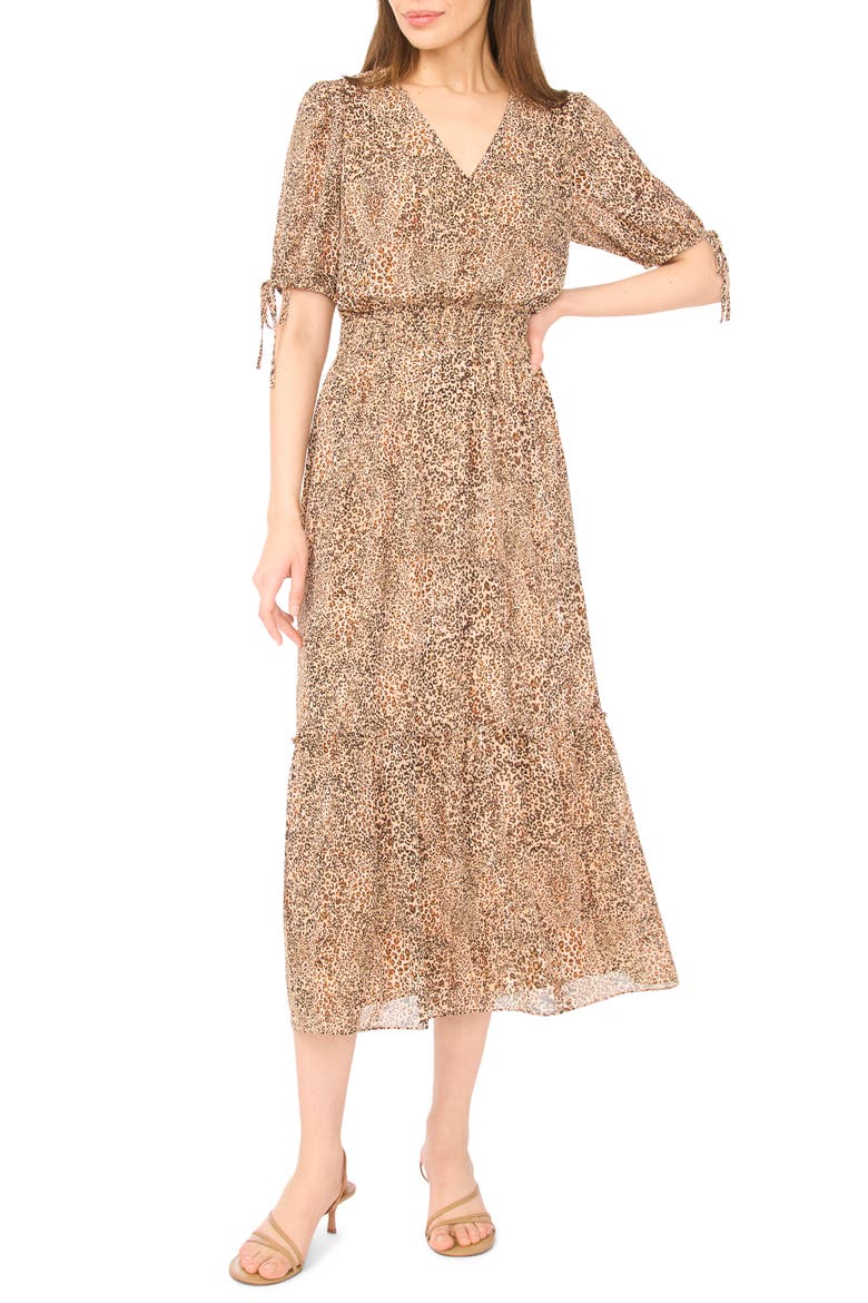 Leopard Print Smocked Waist Midi Dress, Main, color, DUNE