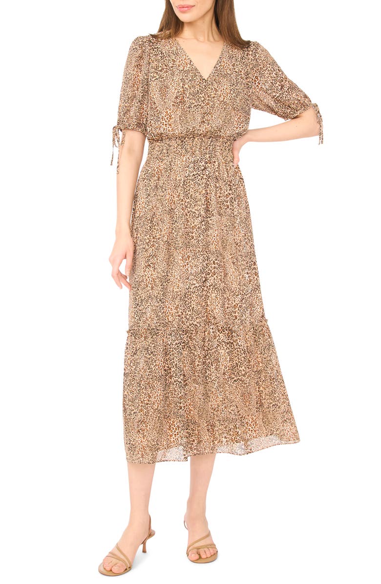 CeCe Leopard Print Smocked Waist Midi Dress, Main, color, Dune