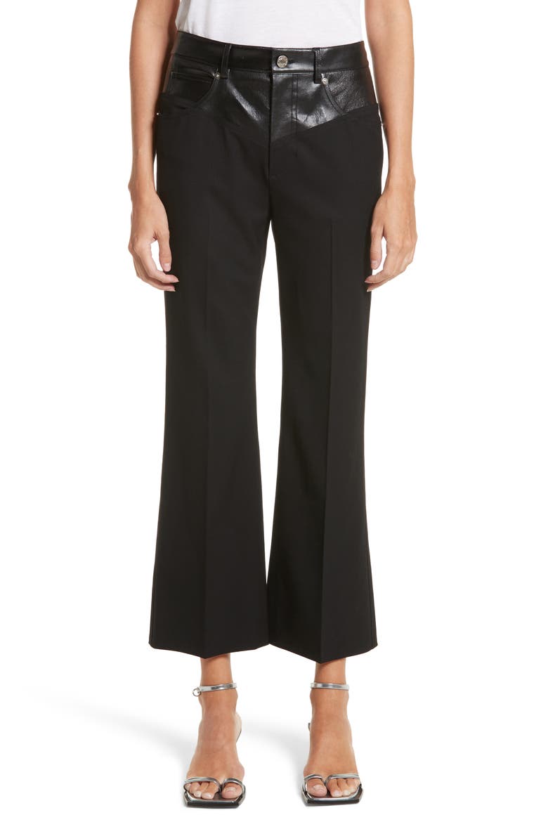 Textured Suiting & Leather Garter Flare Pants, Main, color, BLACK