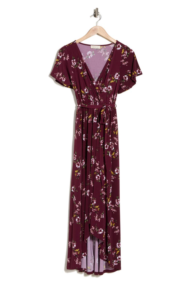 Flutter Sleeve High-Low Dress, Alternate, color, BURGUNDY FLORAL