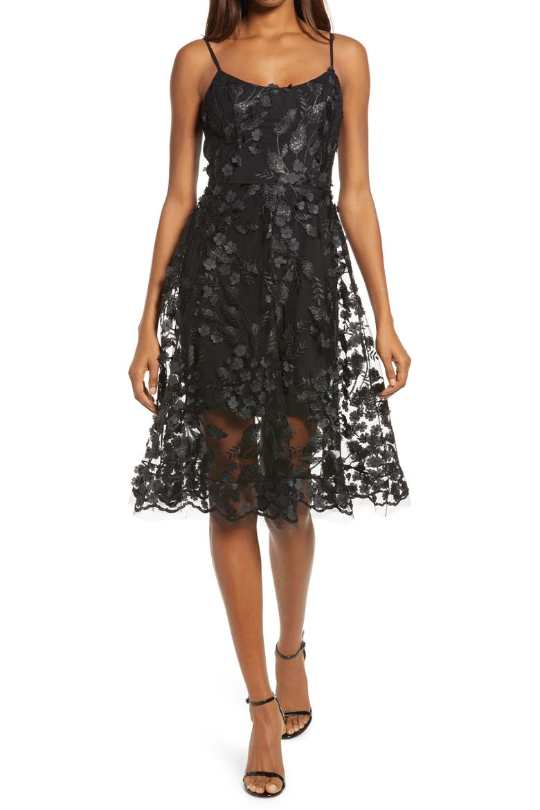 3D Lace Fit & Flare Dress, Main, color, BLACK