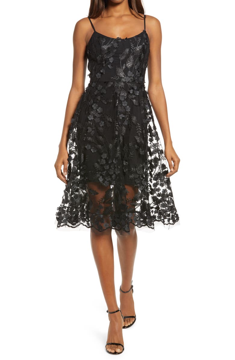 Dress the Population 3D Lace Fit & Flare Dress, Main, color, 