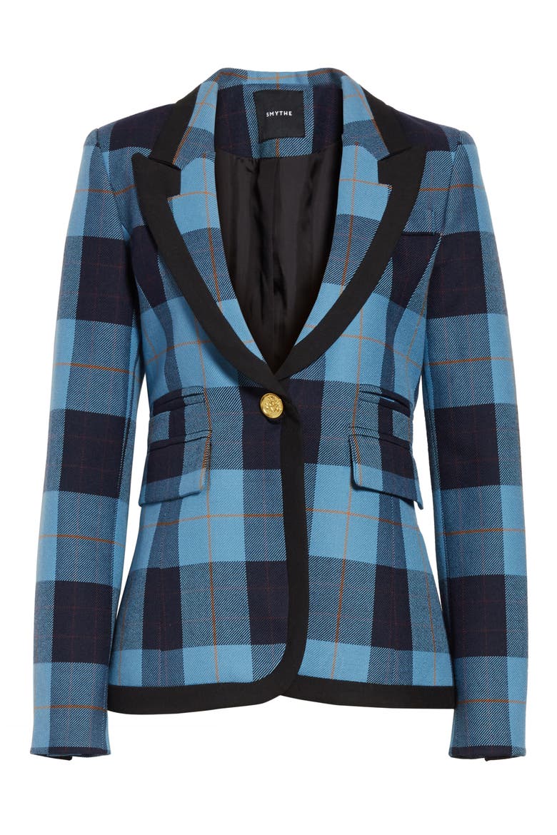 Taped Peak Lapel Plaid Blazer, Alternate, color, BLUE PLAID W/ BLACK