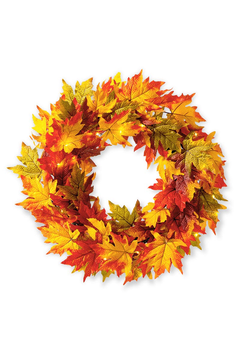 Glitzhome 24"D Fall Lighted Maple Leaves Wreath with timer, Main, color, Orange