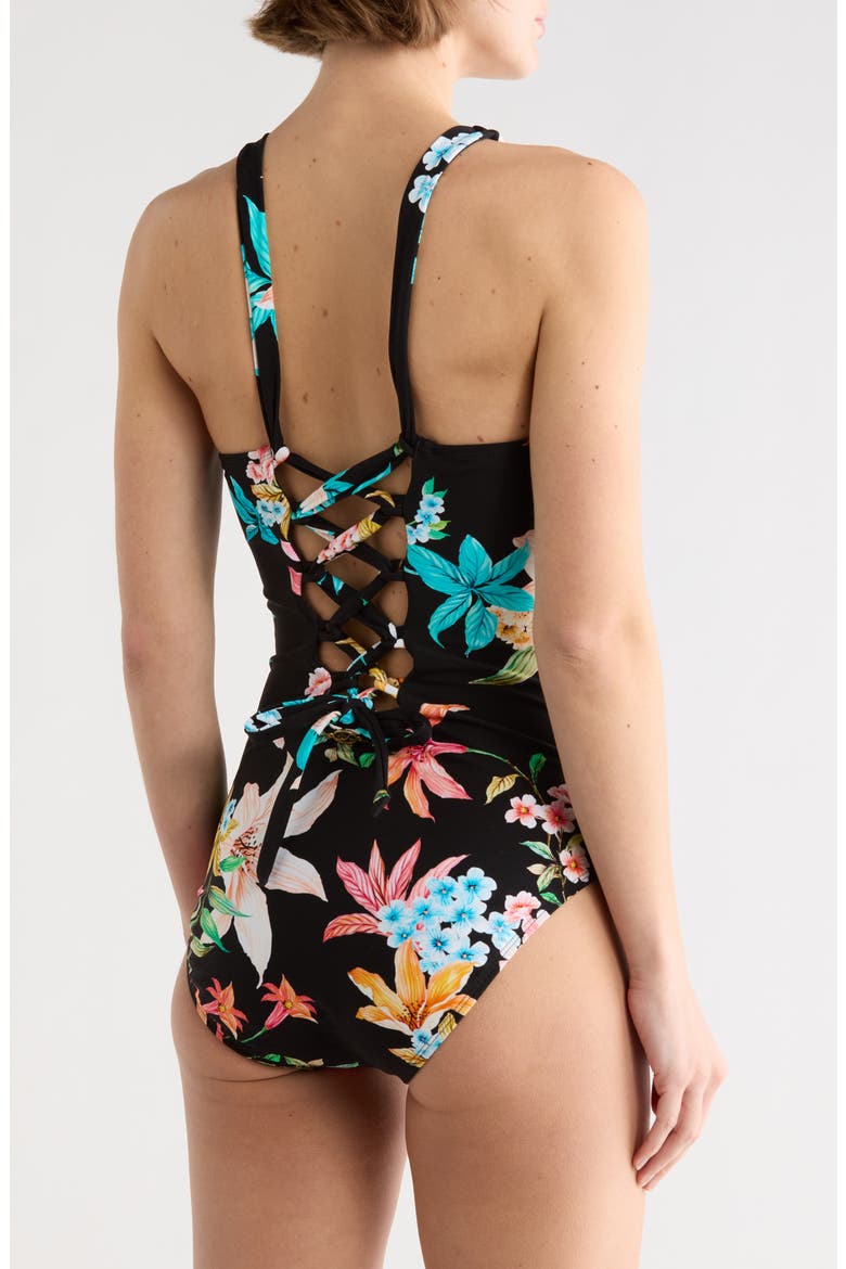 Garden Party High Line One-Piece Swimsuit, Alternate, color, BLACK