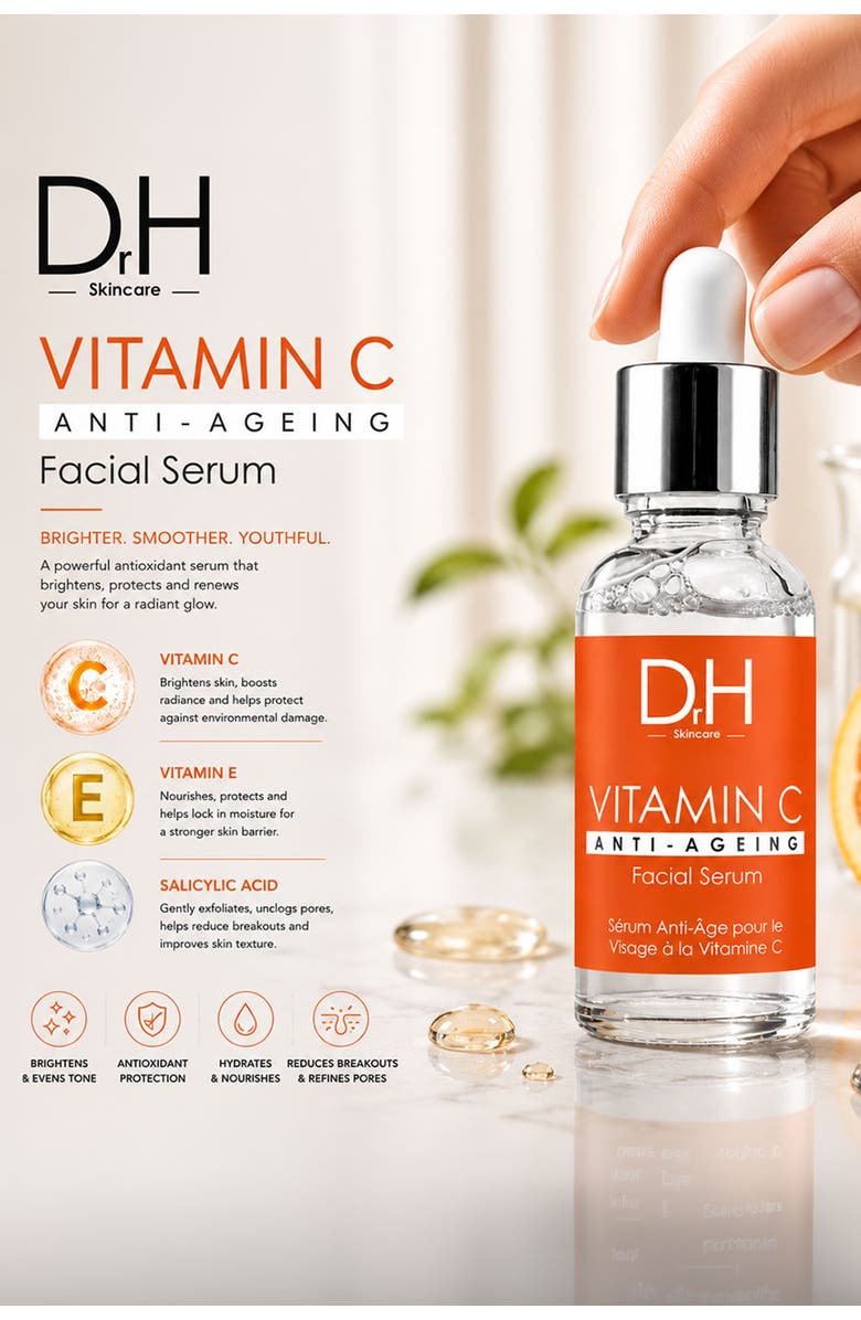 Dr H Anti-Ageing Vitamin C Facial Serum 30ml for Acne & Blemishes, Large Pores, Alternate, color, White