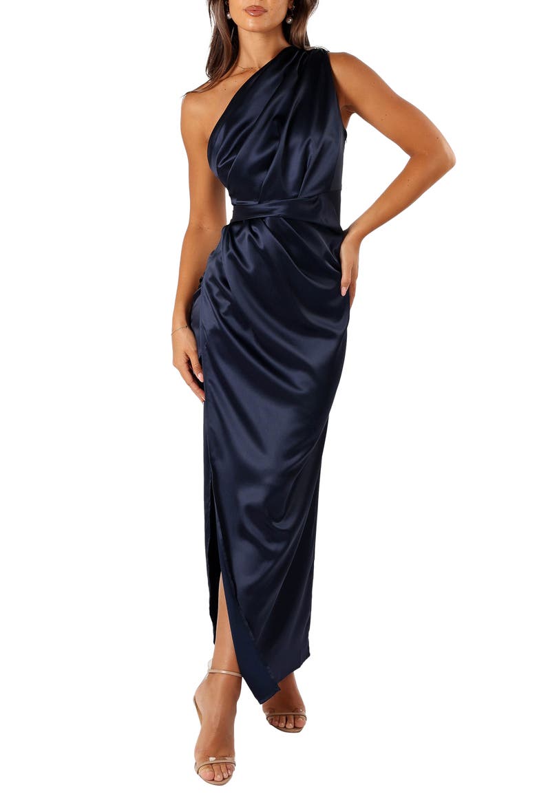 Nadia One-Shoulder Satin Maxi Dress, Main, color, NAVY