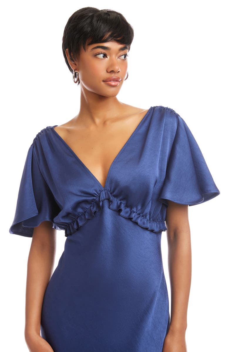 FIFTEEN TWENTY Shailene Satin Flutter Sleeve Midi Dress, Alternate, color, Deep Blue
