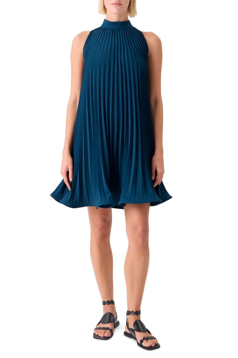 Pleated Crepe Trapeze Dress, Main, color, DARK BLUE