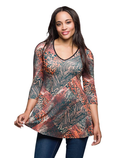 24seven Comfort Apparel Animal Print V-neck Three Quarter Sleeve Tunic Top In Neutral
