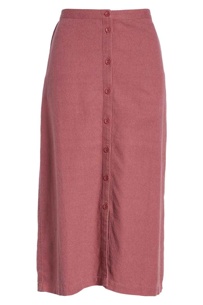 Button Front Linen Blend Midi Skirt, Alternate, color, BURGUNDY CRUSH