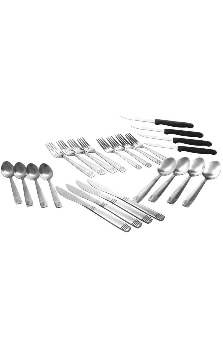 Gibson Palmore Plus 24 Piece Stainless Steel Flatware Set with 4 Steak Knives, Alternate, color, Metallic Silver