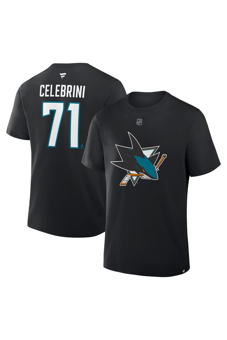 Men's Fanatics Macklin Celebrini Black San Jose Sharks Authentic Stack Name & Number T-Shirt, Main, color, Black