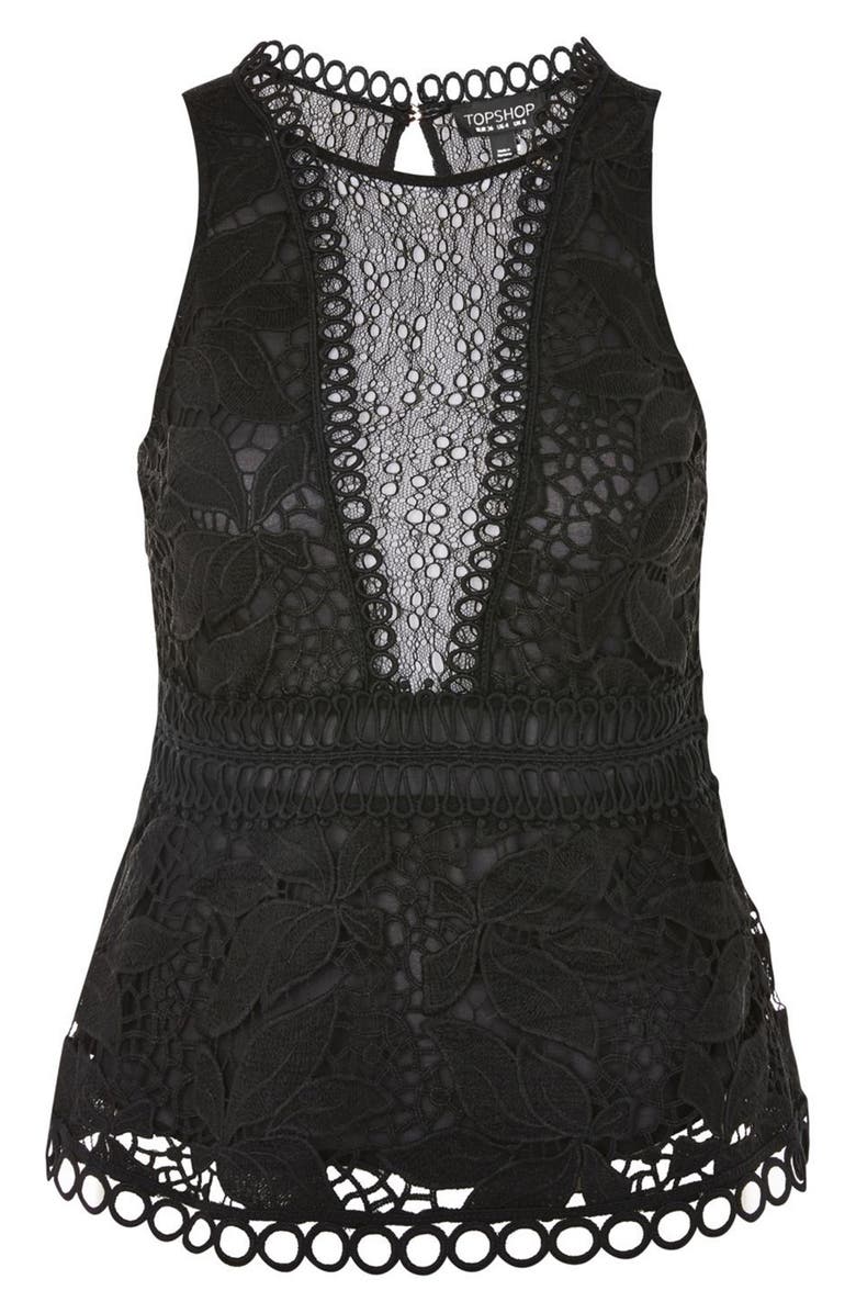Topshop Lace Peplum Top, Alternate, color, 