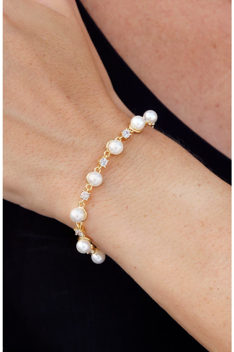 14k Gold Plated Cubic Zirconia & Shell Pearl Link Bracelet, Alternate, color, YELLOW GOLD