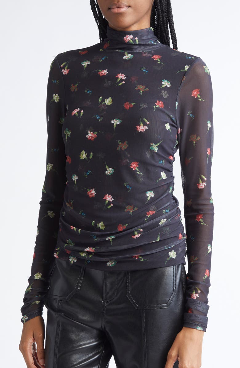 Cinq à Sept Floral Print Mesh Mock Neck Shirt, Alternate, color, Black Multi