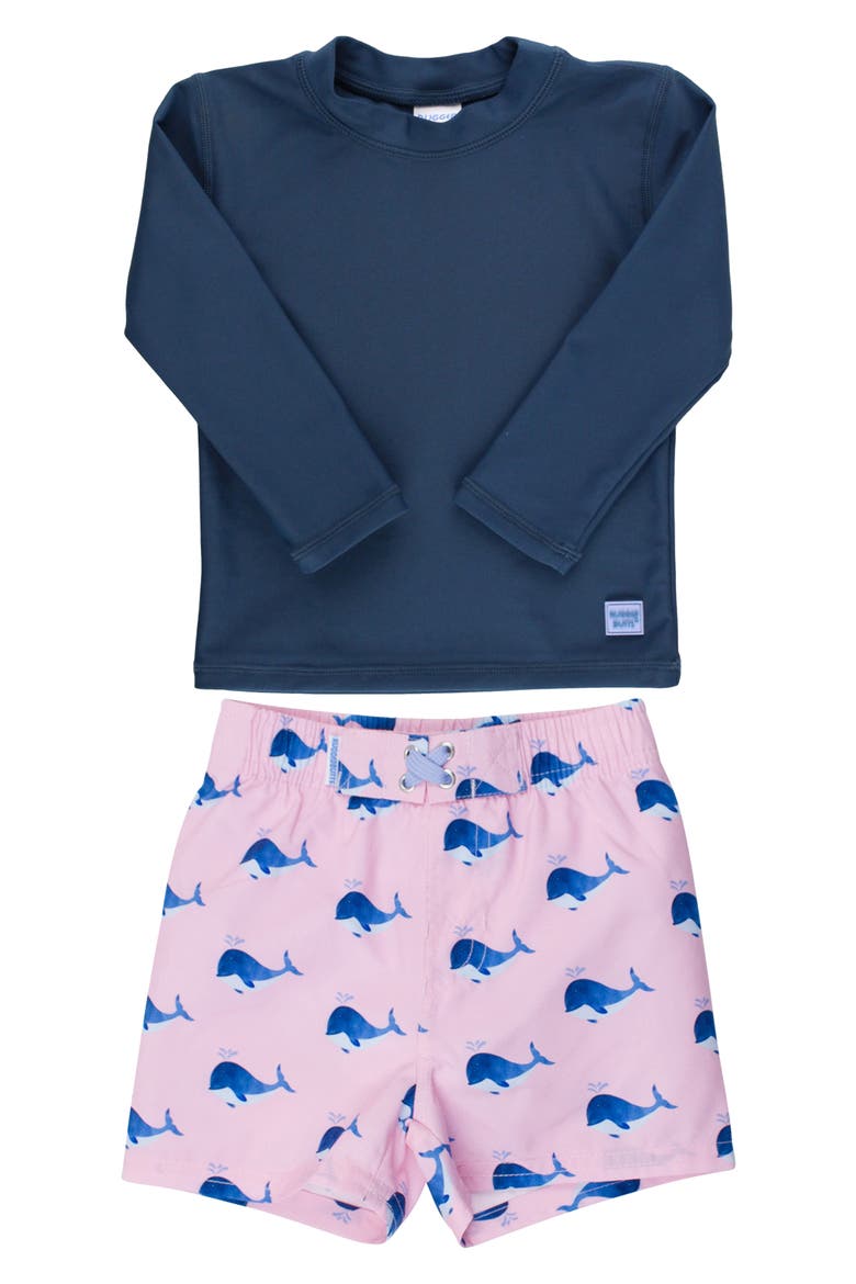 Short Sleeve Rashguard & Whale Print Swim Trunks Set, Main, color, PINK