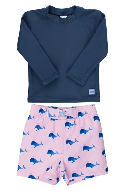 Ruggedbutts Short Sleeve Rashguard & Whale Print Swim Trunks Set In Pink