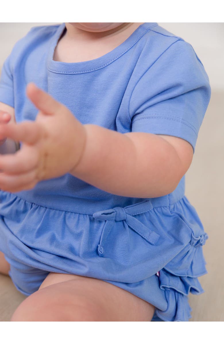 RuffleButts Knit Short Sleeve Bow Bubble Romper, Alternate, color, Periwinkle Blue