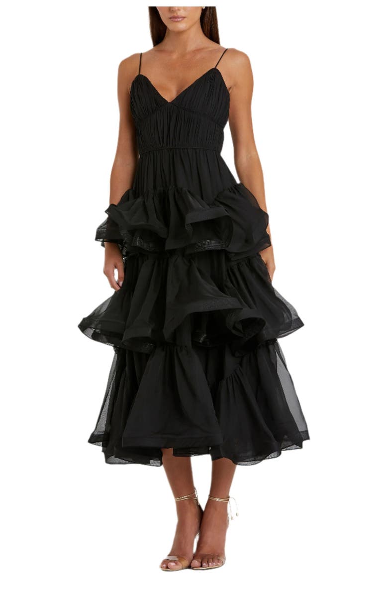 Mac Duggal V Neck Tiered Ruffle Midi Dress, Main, color, Black