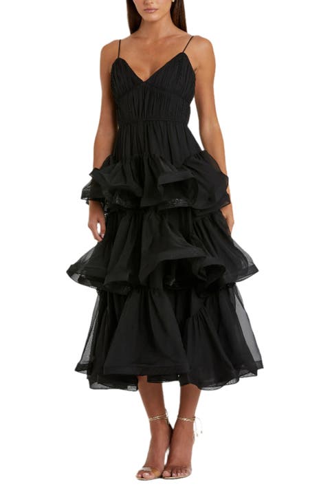 V Neck Tiered Ruffle Midi Dress