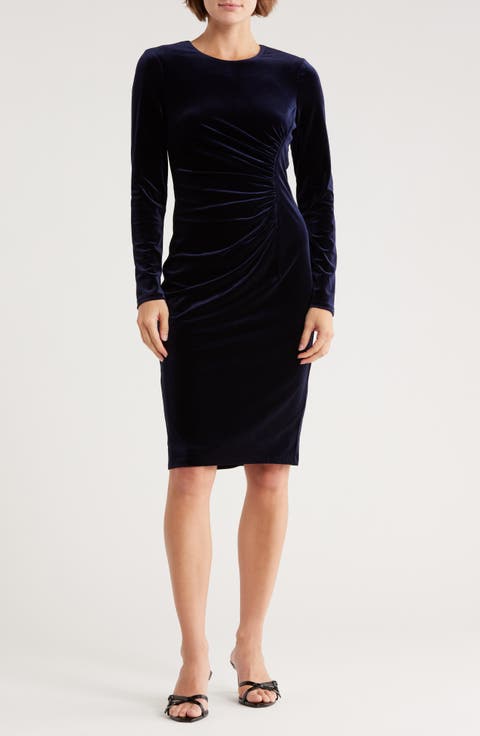 Long Sleeve Ruched Velvet Midi Dress
