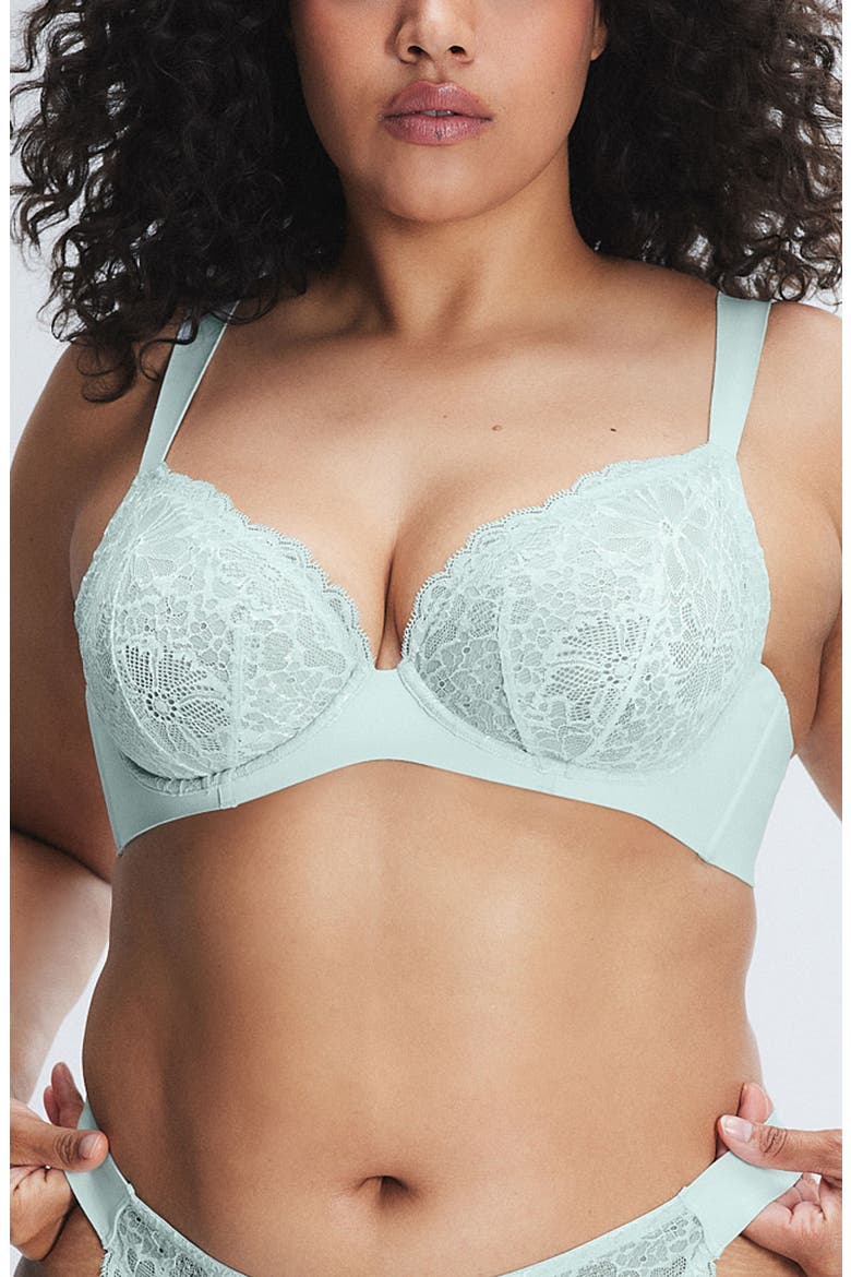 Bold Lace Unlined Plunge Bra, Alternate, color, MINT CONDITION BLUE