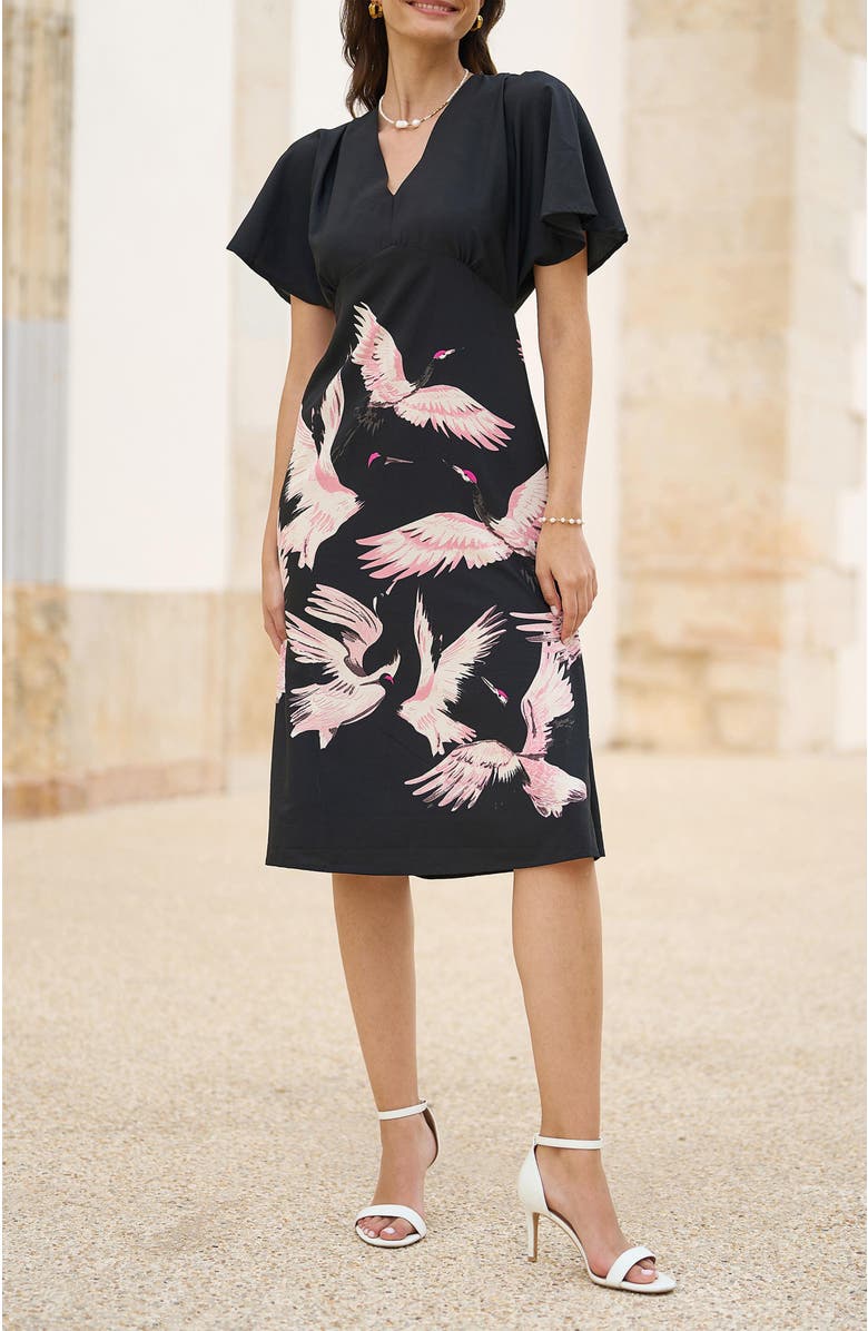 Yumi Crane Print Kimono Dress, Alternate, color, Black