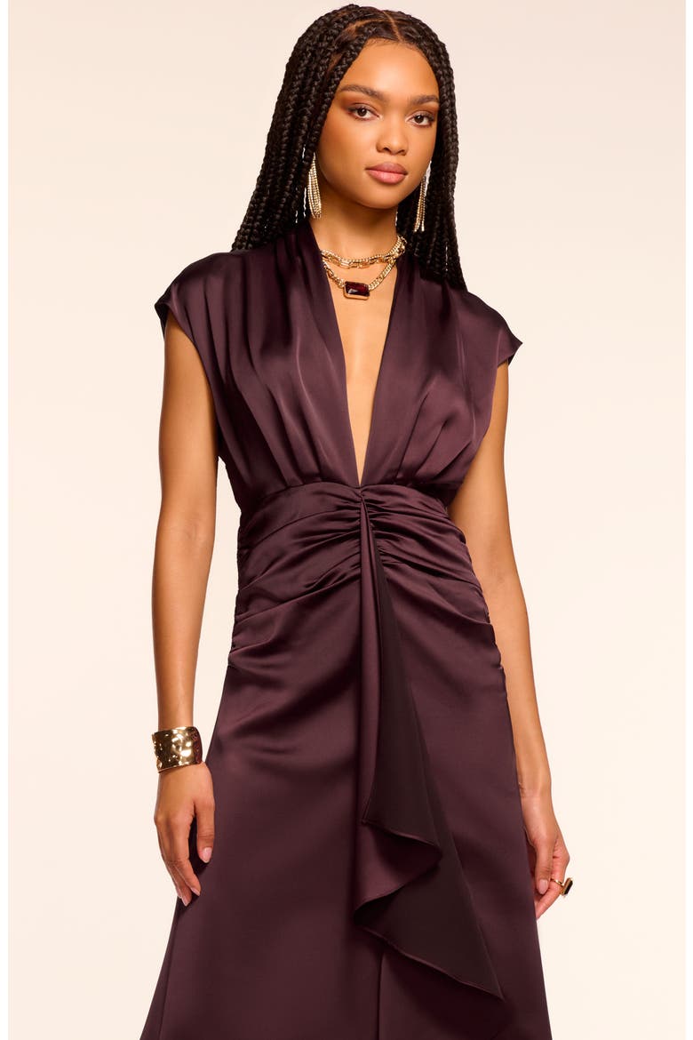 Catrin Plunge Neck Center Ruched Satin Gown, Alternate, color, BLACKBERRY