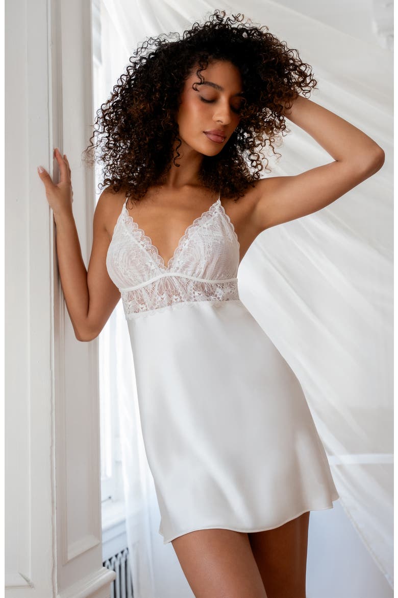 Lanie Lace Trim Satin Chemise, Alternate, color, IVORY
